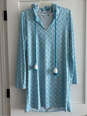 Cabana Life Blue and Pink Geometric Hooded Tunic Size Medium